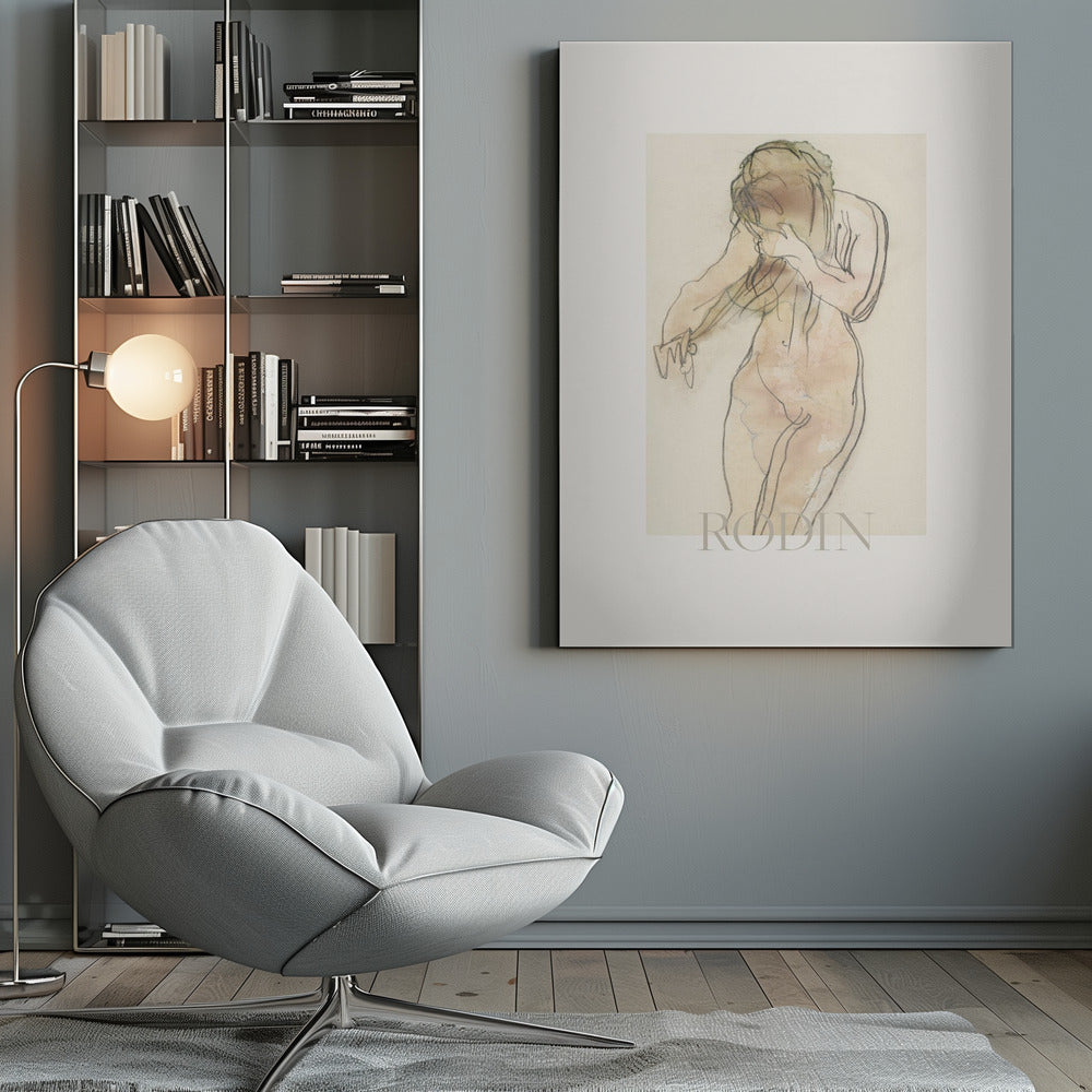 A framed art print of a sketch by Rodin. The artwork features a nude female figure drawn with expressive black lines and filled with soft watercolor washes of pink and beige. The figure is turned partially away, with her head bowed and hands near her face. The piece is set against a cream background with a wide white mat and a thin black frame. Decor