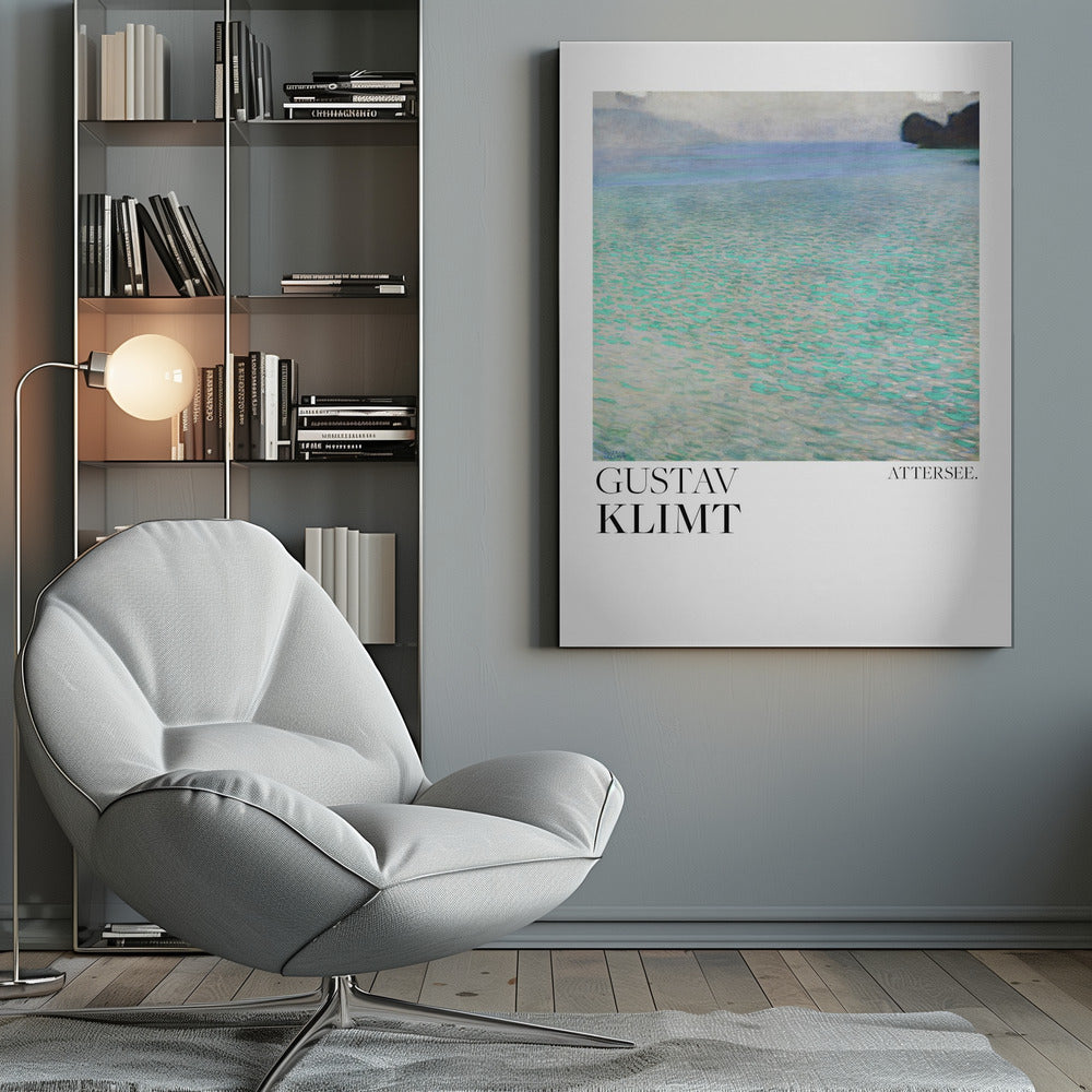 A poster of Gustav Klimt's painting 'Attersee', featuring a tranquil, impressionistic view of a lake with shimmering turquoise and green water under a muted blue and gray sky. The artwork is presented in a modern format with the artist's name and the painting's title below, all within a thin black frame. Poster