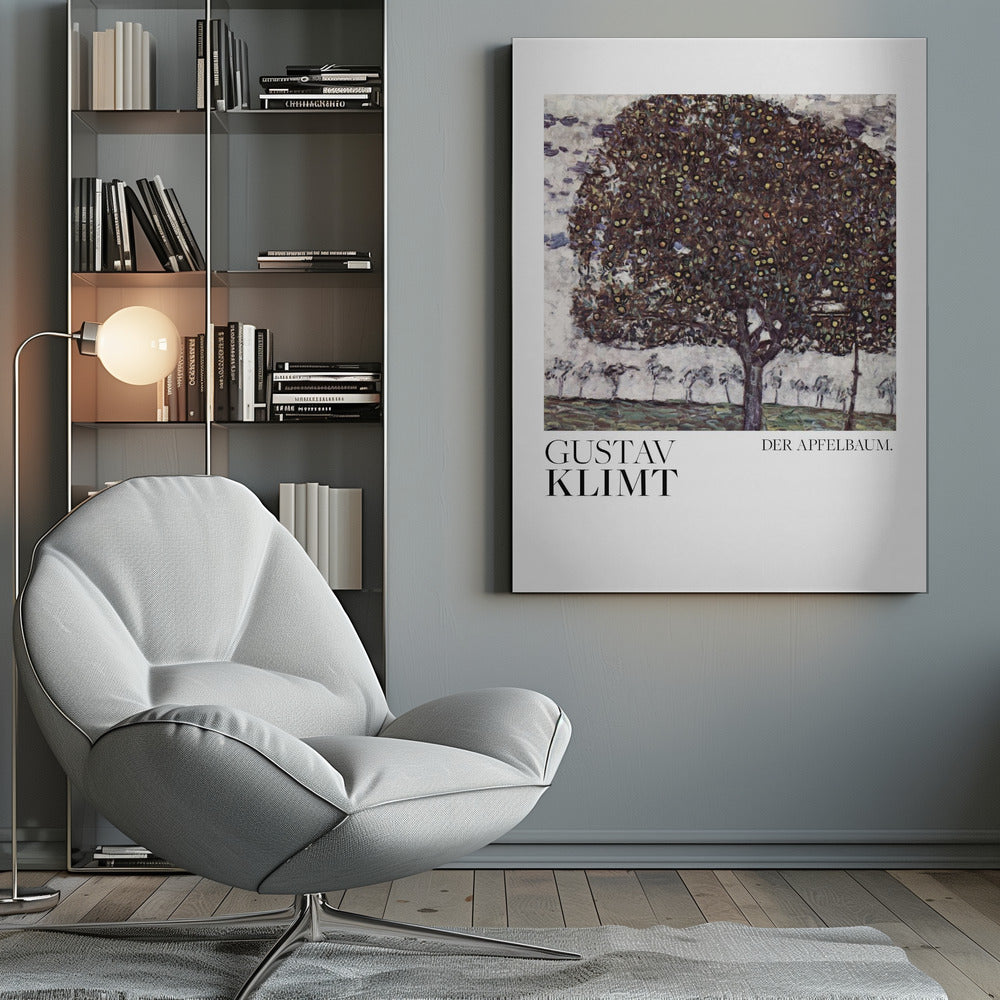 A framed art print of Gustav Klimt's painting 'Der Apfelbaum' (The Apple Tree). The impressionist-style painting depicts a large, full apple tree with a dark, textured canopy dotted with small yellow apples, set against a pale sky and a green meadow. Artwork