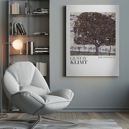 A framed art print of Gustav Klimt's painting 'Der Apfelbaum' (The Apple Tree). The impressionist-style painting depicts a large, full apple tree with a dark, textured canopy dotted with small yellow apples, set against a pale sky and a green meadow. Artwork