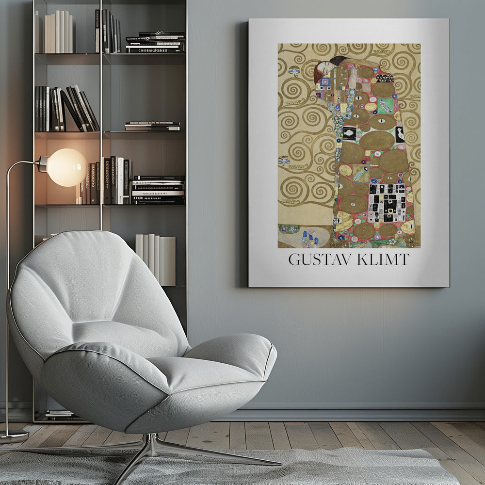 A framed art print of Gustav Klimt's painting 'Fulfillment,' featuring a stylized couple embracing. They are enveloped in ornate, patterned robes with geometric and circular motifs, set against a golden background with swirling patterns. The artist's name, 'GUSTAV KLIMT,' is printed below the image. Wall Art