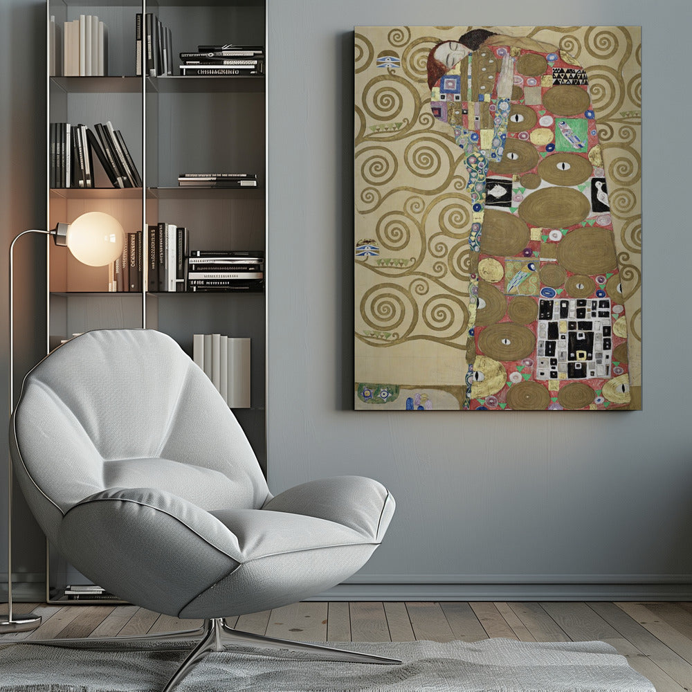 A vertical Art Nouveau painting by Gustav Klimt, featuring a detail of 'The Fulfilment'. A woman with closed eyes is enveloped in a decorative, mosaic-like robe filled with circular patterns, eyes, and geometric shapes against a red background. To the left, the golden, swirling branches of the Tree of Life stand against a cream-colored, patterned background. The artwork is rich in gold leaf and intricate detail, framed in black. Poster