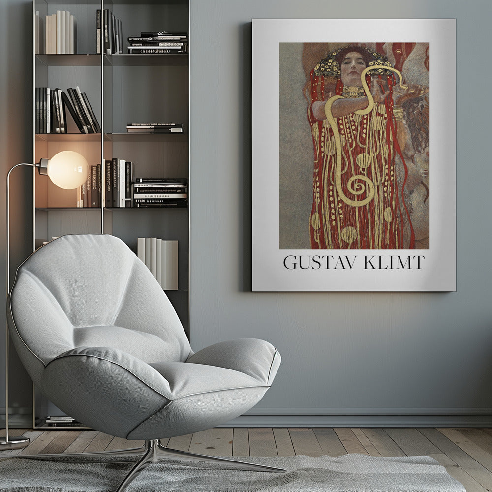 A poster of Gustav Klimt's 'Hygieia', featuring a woman with an elaborate headdress and a red and gold patterned robe. A large golden snake is wrapped around her arm as she holds up a bowl. The poster has a white border with 'GUSTAV KLIMT' written at the bottom and is displayed in a black frame. Wall Art