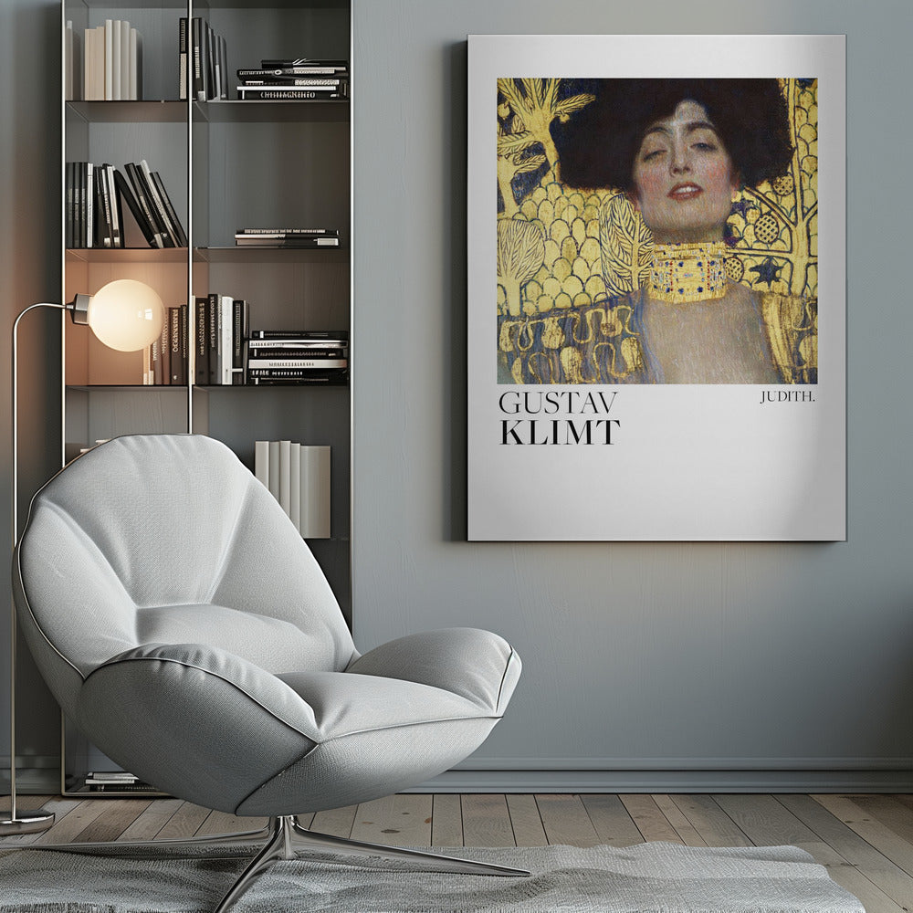 A framed art print of Gustav Klimt's painting 'Judith I'. The artwork features a portrait of a woman with dark hair and a gold choker against a lavish gold-leaf background. The artist's name and the title 'JUDITH.' are printed below the image on a white border. Print