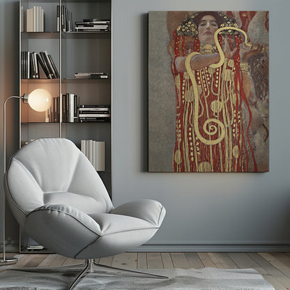 A painting by Gustav Klimt titled 'Hygeia', featuring a woman with red hair and a decorative headdress looking directly at the viewer. She is wearing an ornate red and gold patterned robe and has a large golden snake wrapped around her arms. Artwork