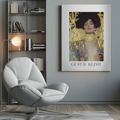 A fine art poster of Gustav Klimt's painting 'Judith and the Head of Holofernes'. The artwork depicts a woman with dark, styled hair and a sensual expression, wearing a large, ornate gold choker. Her body is partially draped in a blue and gold patterned garment, against a richly decorated gold leaf background. The poster is presented in a black frame with a white border, and the artist's name is printed at the bottom. Wall Art