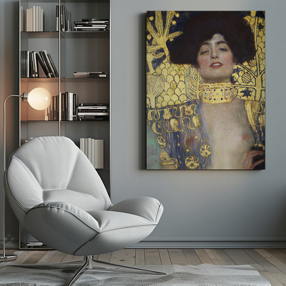 A vertical portrait painting by Gustav Klimt, 'Judith and the Head of Holofernes,' depicting a woman with voluminous dark hair and a sensual expression. She wears an elaborate gold and bejeweled choker, with a decorated blue and gold garment falling from her shoulders against a richly patterned gold leaf background. Artwork