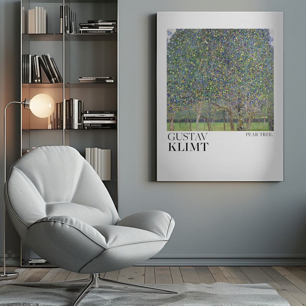 A framed art print of Gustav Klimt's 'Pear Tree.' The painting features a dense canopy of a pear tree, rendered in a pointillist style with a mosaic of green, blue, and yellow dots. Below the main tree, a grassy orchard with more tree trunks is visible. The artwork is set on a white background with 'GUSTAV KLIMT' printed in large black letters on the left and 'PEAR TREE.' on the right. Artwork