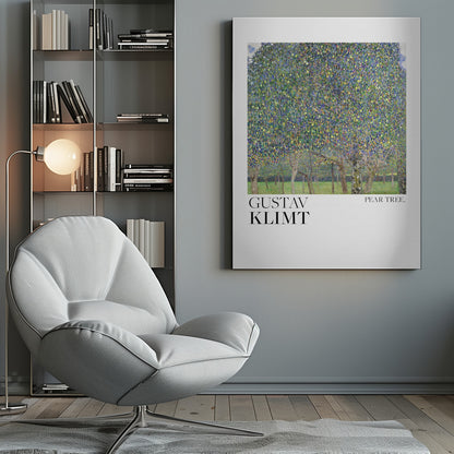 A framed art print of Gustav Klimt's 'Pear Tree.' The painting features a dense canopy of a pear tree, rendered in a pointillist style with a mosaic of green, blue, and yellow dots. Below the main tree, a grassy orchard with more tree trunks is visible. The artwork is set on a white background with 'GUSTAV KLIMT' printed in large black letters on the left and 'PEAR TREE.' on the right. Artwork