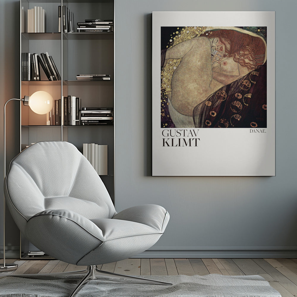 A poster of Gustav Klimt's 'Danae,' a famous Art Nouveau painting. It shows a nude woman with flowing red hair in a fetal position, enveloped by a shower of gold, set against a dark, ornate background. The poster has a white border with the artist's name and the title. Poster