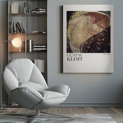 A poster of Gustav Klimt's 'Danae,' a famous Art Nouveau painting. It shows a nude woman with flowing red hair in a fetal position, enveloped by a shower of gold, set against a dark, ornate background. The poster has a white border with the artist's name and the title. Poster