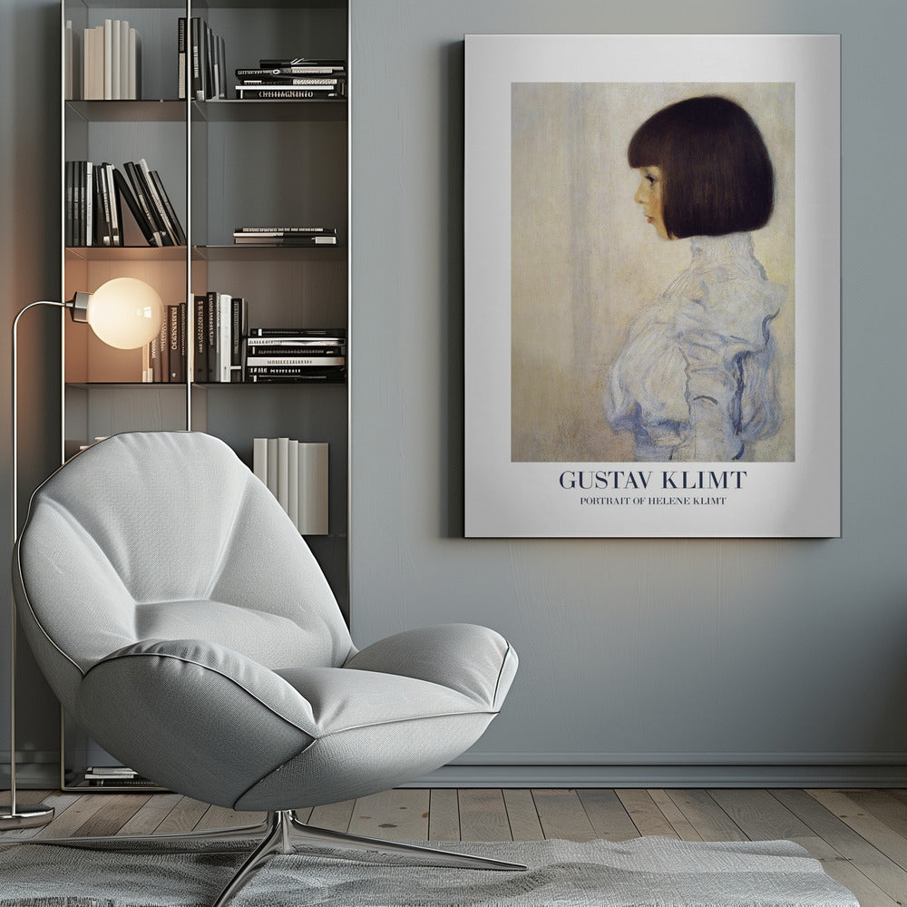 A framed art print of Gustav Klimt's 'Portrait of Helene Klimt'. The painting shows a young girl in profile with a dark bob haircut and a high-collared, ruffled light blue dress against a textured beige background. The artist's name and the painting's title are printed at the bottom. Wall Art