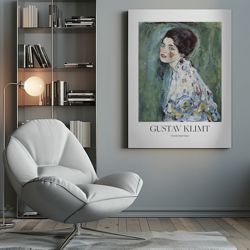A framed art print poster of Gustav Klimt's "Portrait of a Lady". The painting depicts a woman with dark, upswept hair and blue eyes against a textured green background. The poster includes the text "GUSTAV KLIMT" and "Porträt Einer Dame" below the artwork. Wall Art