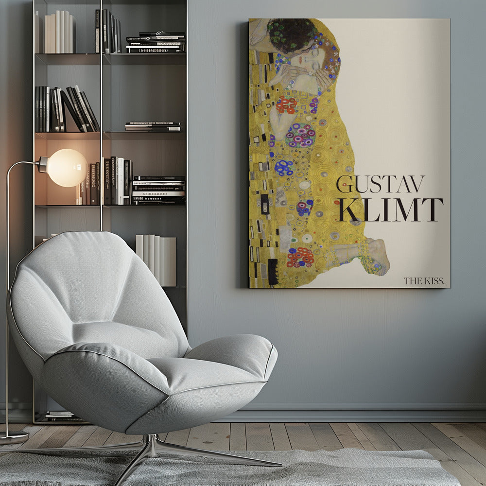 A poster of Gustav Klimt's painting 'The Kiss' featuring an embracing couple enveloped in ornate, golden robes. The artist's name 'GUSTAV KLIMT' and the title 'THE KISS' are printed in black text on a cream background, all within a black frame. Artwork