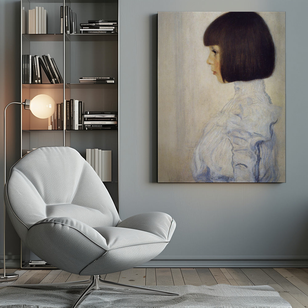 A classic framed portrait painting of a young girl in profile. She has dark brown hair in a sharp bob with bangs and is wearing a high-collared, ruffled light blue blouse against a plain, off-white background. Print