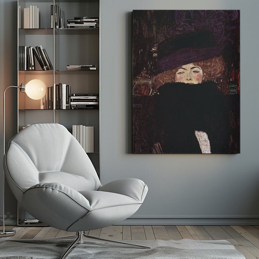 A classic portrait painting by Gustav Klimt of a woman with auburn hair wearing a large purple hat. A voluminous black fur boa covers the lower half of her face, with only her eyes, nose, and rosy cheeks visible as she stares directly at the viewer against a dark, moody background. Decor