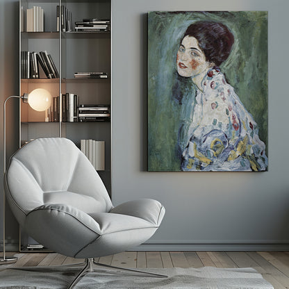 An expressionist portrait painting of a woman with dark hair, blue eyes, and red lipstick, looking back over her shoulder. She wears a patterned dress against a textured green and blue background. The artwork has visible, thick brushstrokes. Artwork