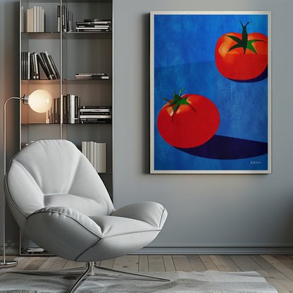 A vibrant, graphic-style painting of two ripe red tomatoes with green stems set against a textured, bold blue background. The tomatoes cast long, dark blue shadows, creating a high-contrast and modern still life. Decor