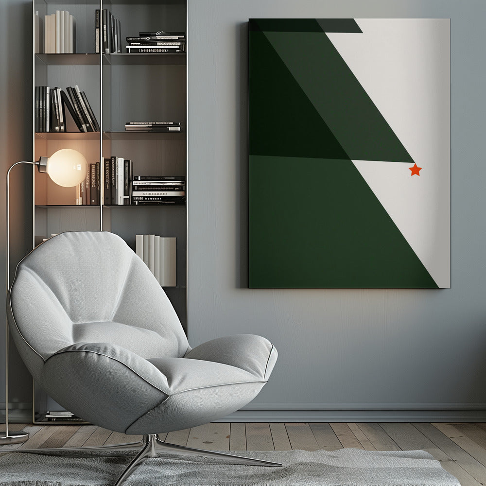 A minimalist abstract painting of a Christmas tree, created with large dark green triangles against a white background, accented with a single small red star. The artwork is presented in a simple black frame. Print