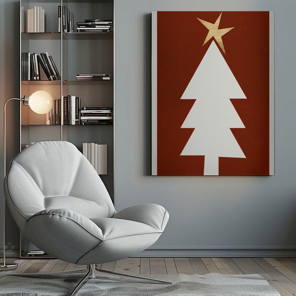 A minimalist graphic illustration of a white Christmas tree with a gold star on top, set against a dark red, textured background and framed in black. Artwork
