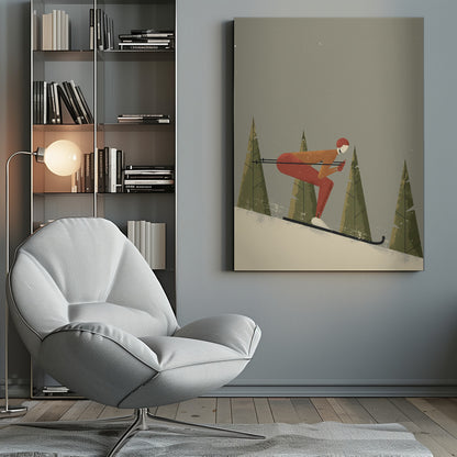 A minimalist illustration of a skier in a red and orange suit, tucked low while skiing down a snowy slope. Stylized green pine trees stand in the background against a muted gray sky with light snowfall, creating a vintage poster aesthetic. Wall Art