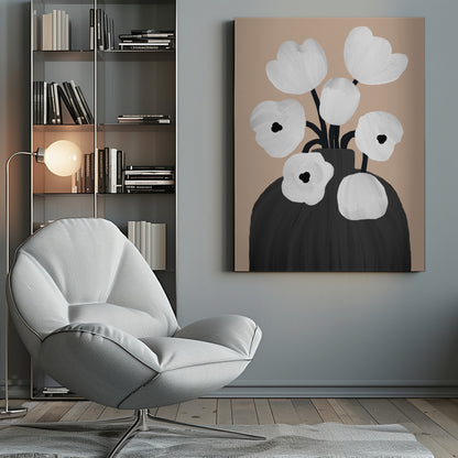 A modern, minimalist painting of a bouquet of stylized white flowers with black centers, arranged in a large black vase. The background is a solid muted beige, creating a simple and elegant composition. Poster