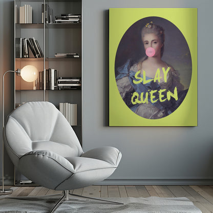 A framed pop art piece showing a classical portrait of a woman in an ornate blue dress blowing a pink bubblegum bubble. The portrait is set against a vibrant lime green background with the text 'SLAY QUEEN' in a matching green, brushstroke font. Poster