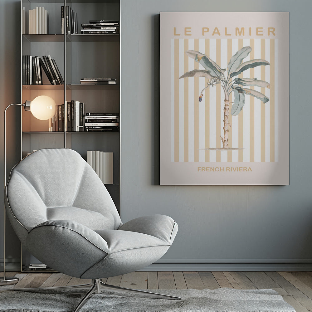 A vintage-style poster in a black frame featuring a botanical illustration of a palm tree. The background has vertical stripes in beige and white. The text 'LE PALMIER' is at the top, and 'FRENCH RIVIERA' is at the bottom in a sandy beige color. Decor