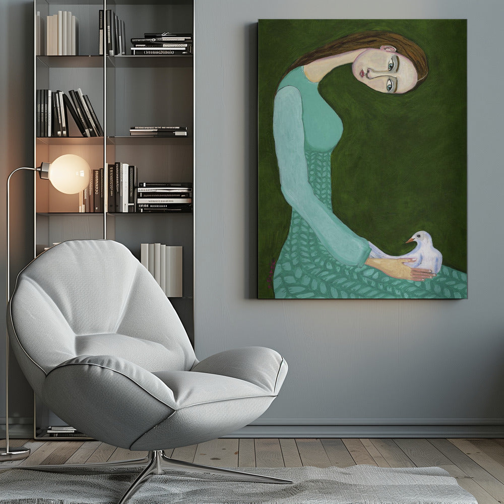 Lady sitting with white dove bird woman - Poster / Art Print