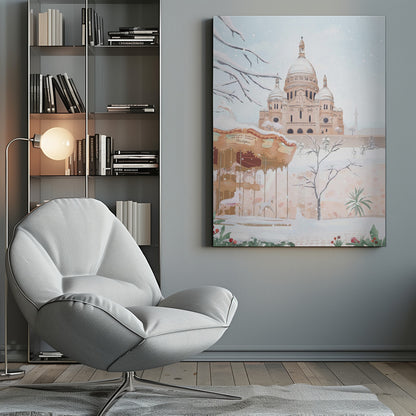 A vertical painting of the Sacré-Cœur Basilica in Paris on a snowy winter day. The scene is soft and pastel, with snow covering the ground, the basilica's domes, and tree branches. In the foreground, a vintage carousel is partially visible on the left. Artwork