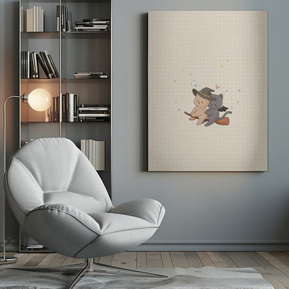 A cute, whimsical illustration of a tan bear in a witch hat and a gray cat with bat wings happily flying together on a broomstick, set against a beige grid paper background with tiny ghosts and stars. Poster