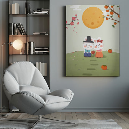 A cute illustration of two rabbits in traditional Korean hanbok sitting on a grassy hill under a large orange full moon. A male rabbit in a blue outfit and black hat sits next to a female rabbit in an orange dress with a red bow. They are surrounded by persimmons and cherry blossoms, creating a peaceful, festive scene. Print