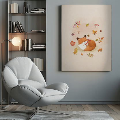 A charming watercolor illustration of a cute orange fox sleeping soundly, curled into a ball on a light beige background. The fox is wearing a cozy red and white striped scarf. Floating around the fox are various colorful autumn leaves, red berries, an acorn, and a small pinecone, creating a peaceful and whimsical fall scene. Decor