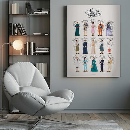 An illustrated poster titled 'Women of Science' featuring 15 influential female scientists throughout history. Each woman is depicted in full-length, with her name written in cursive above her, set against a light background and framed in black. Artwork