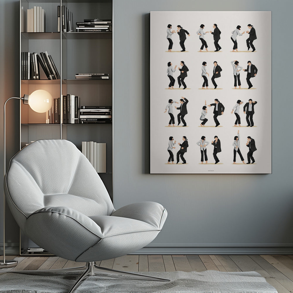 A minimalist art print in a black frame, featuring a grid of twelve illustrations depicting the iconic dance sequence from Pulp Fiction. Each illustration shows the characters Mia Wallace and Vincent Vega in different poses from their dance, set against a plain off-white background. Wall Art