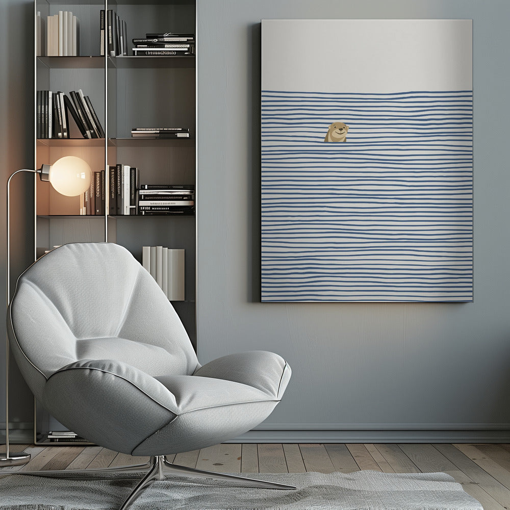 A minimalist illustration in a black frame featuring a cute, smiling otter peeking its head out of stylized water made of wavy, horizontal blue stripes on an off-white background. Decor