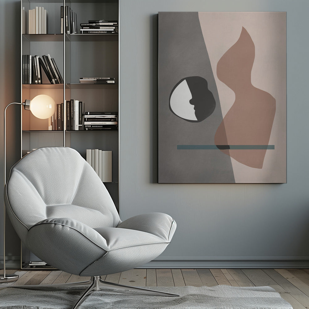 A modern abstract artwork in a black frame, featuring a composition of layered shapes in muted tones. The background is split between gray and pale pink, with a black and white circular element showing a face profile, a large translucent brown organic shape, and a horizontal teal line. Decor