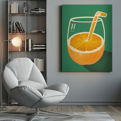 A surrealist pop-art style illustration of an orange fruit that doubles as a glass of orange juice. The bottom half is a photorealistic orange, while the top half is a simple white line drawing of a glass. An orange-colored cartoon straw sticks out from the center of the orange. The entire image is set against a solid dark green background. Decor