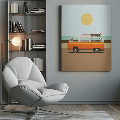 A minimalist art print of a vintage orange and white camper van parked on a sandy beach. Surfboards are strapped to the roof, and in the background, the ocean meets a light blue sky with a large yellow sun. Decor