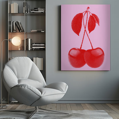 A pop art style print of two bright red cherries with stems and leaves, rendered in a halftone dot pattern against a solid light pink background, enclosed in a simple black frame. Wall Art