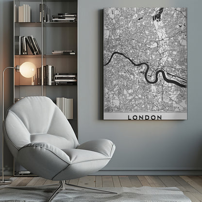 A minimalist black and white map of London, featuring the River Thames snaking through a detailed network of streets. The map is enclosed in a simple black frame, with the word 'LONDON' printed in a bold, modern font at the bottom. Artwork