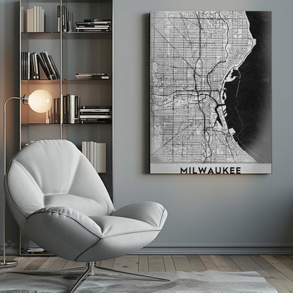 A minimalist, black and white street map of Milwaukee, displayed in a black frame. The map details the city's grid system, major roads, and waterways against a textured background, with the word 'MILWAUKEE' in a bold, sans-serif font at the bottom. Poster