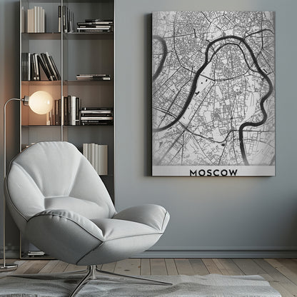 A framed, minimalist black and white street map of Moscow, Russia. The map details the intricate road network and the winding Moskva River. The word 'MOSCOW' is printed in large, black capital letters at the bottom. Print