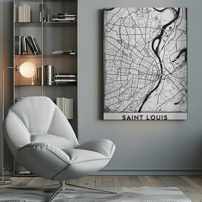 A framed, black and white artistic map of Saint Louis. The map displays a detailed grid of city streets and a prominent, winding river in a stylized, modern design with a slightly distressed texture. The city's name, 'SAINT LOUIS', is printed in a bold, sans-serif font at the bottom. Wall Art