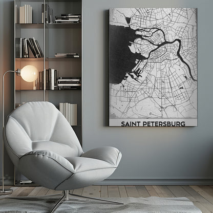 A minimalist black and white framed map of Saint Petersburg. The design features a white landmass with black lines for roads and rivers, contrasting with the solid black sea. The text 'SAINT PETERSBURG' is displayed in a bold, sans-serif font at the bottom of the map. Print