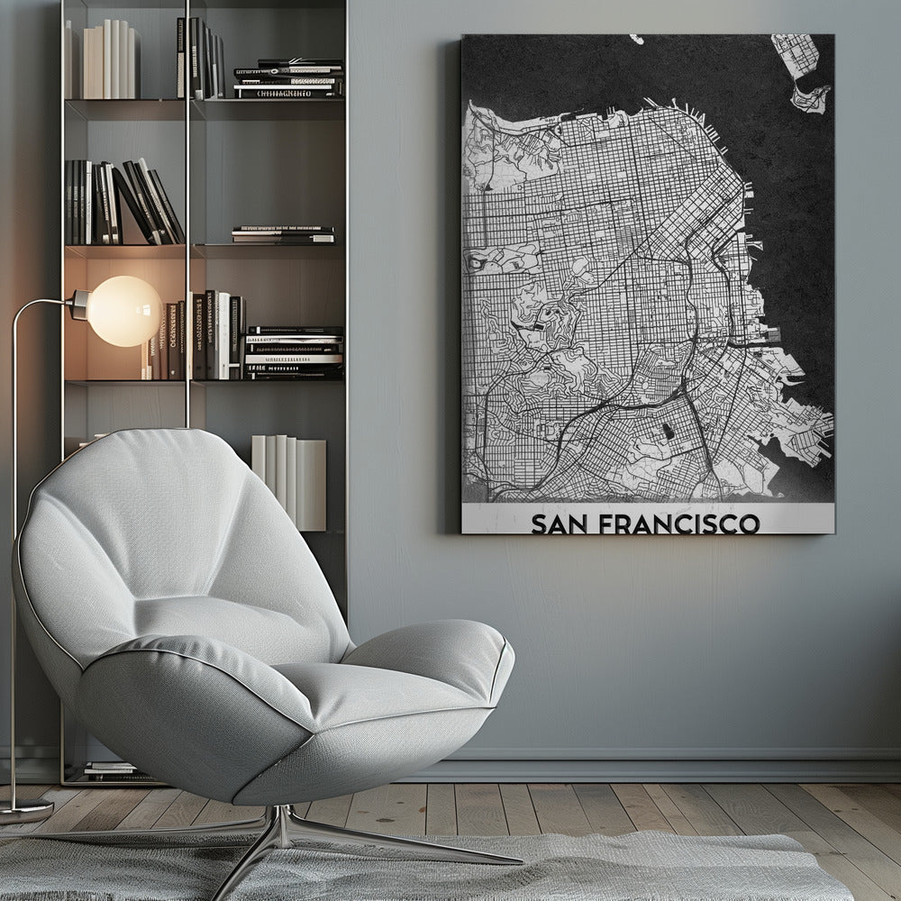 A minimalist black and white art print of a San Francisco city map. The street grid and landmass are depicted in white with fine black lines, set against a solid black background representing the water. A black frame surrounds the map, and a white banner at the bottom displays the text 'SAN FRANCISCO' in a bold, black font. Wall Art