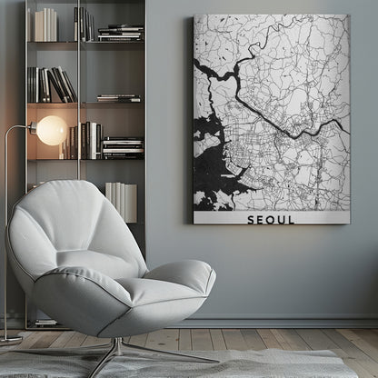 A minimalist black and white map of Seoul, South Korea, showing the city's intricate network of roads and the Han River. The map is presented in a modern, artistic style with a simple black frame and the word 'SEOUL' in bold capital letters at the bottom. Decor