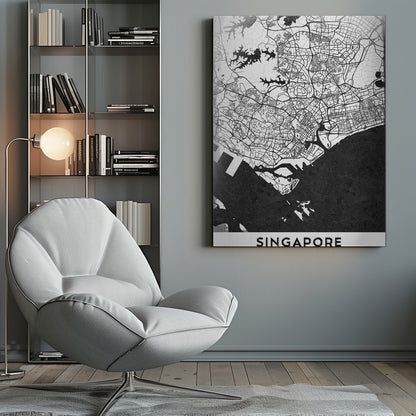 A framed, minimalist black and white art print of a map of Singapore. The land and road network are depicted in white with intricate black lines, while the surrounding water is a solid, textured black. At the bottom, the word 'SINGAPORE' is printed in black capital letters on a white banner. Decor