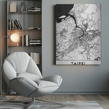 A minimalist black and white map of Taipei, Taiwan, styled as a poster. The intricate network of roads and rivers is rendered in thin black lines on a white background, with the ocean shown in solid black. The word 'TAIPEI' is printed in large, bold capital letters at the bottom. The entire map is enclosed within a thin black frame. Print