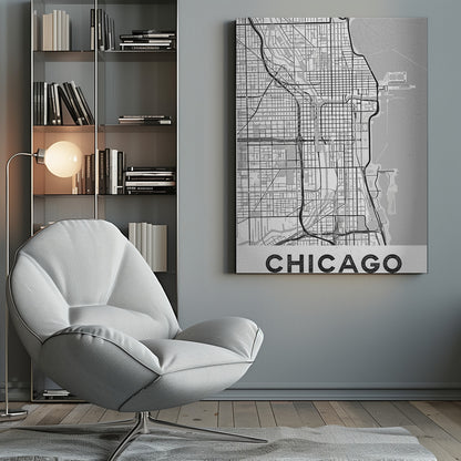 A minimalist black and white map of Chicago, presented vertically. The map shows the city's grid system, highways, and waterways, with Lake Michigan to the right. The word 'CHICAGO' is in a bold, sans-serif font at the bottom, all enclosed within a thin black frame. Poster
